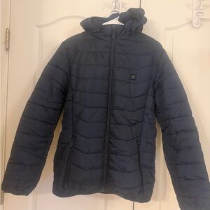 Navy Puffer Heated Jacket with Hood battery not included! Never used!